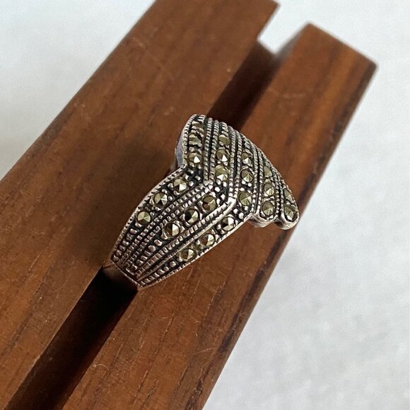 Sterling Silver 925 Art Deco Style Marcasite Asymmetric Wide Band Ring Sz 6.5 - Picture 12 of 16